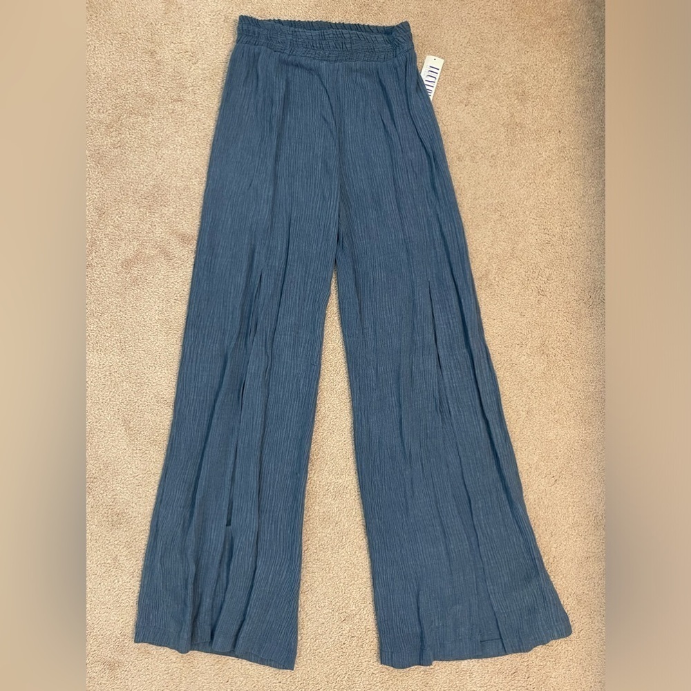 Lucy Love Blue Textured Loose Fit Slit Wide Leg Casual Pants